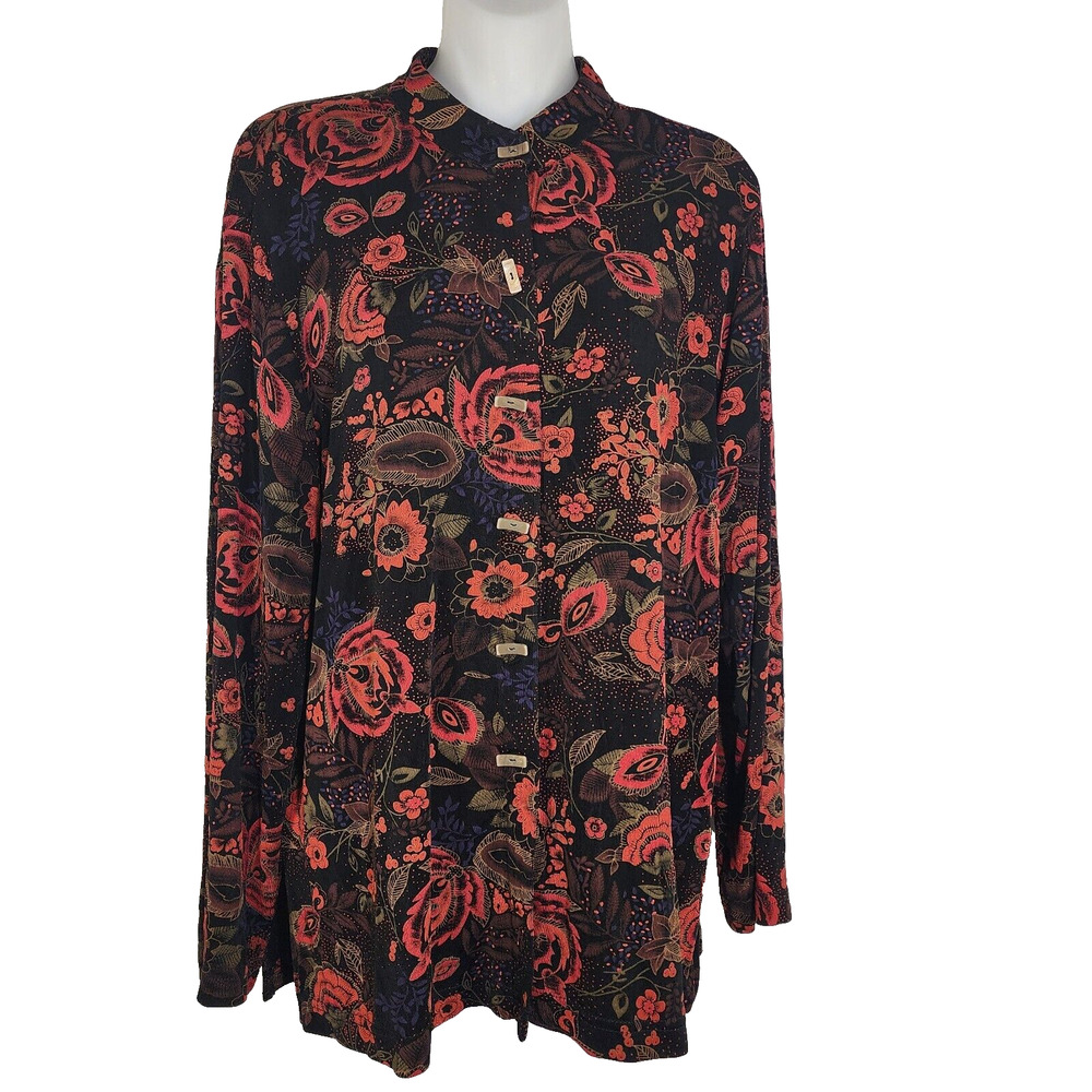 Coldwater Creek Womens Shirt Top Small Slinky Travel Knit Button Front Floral